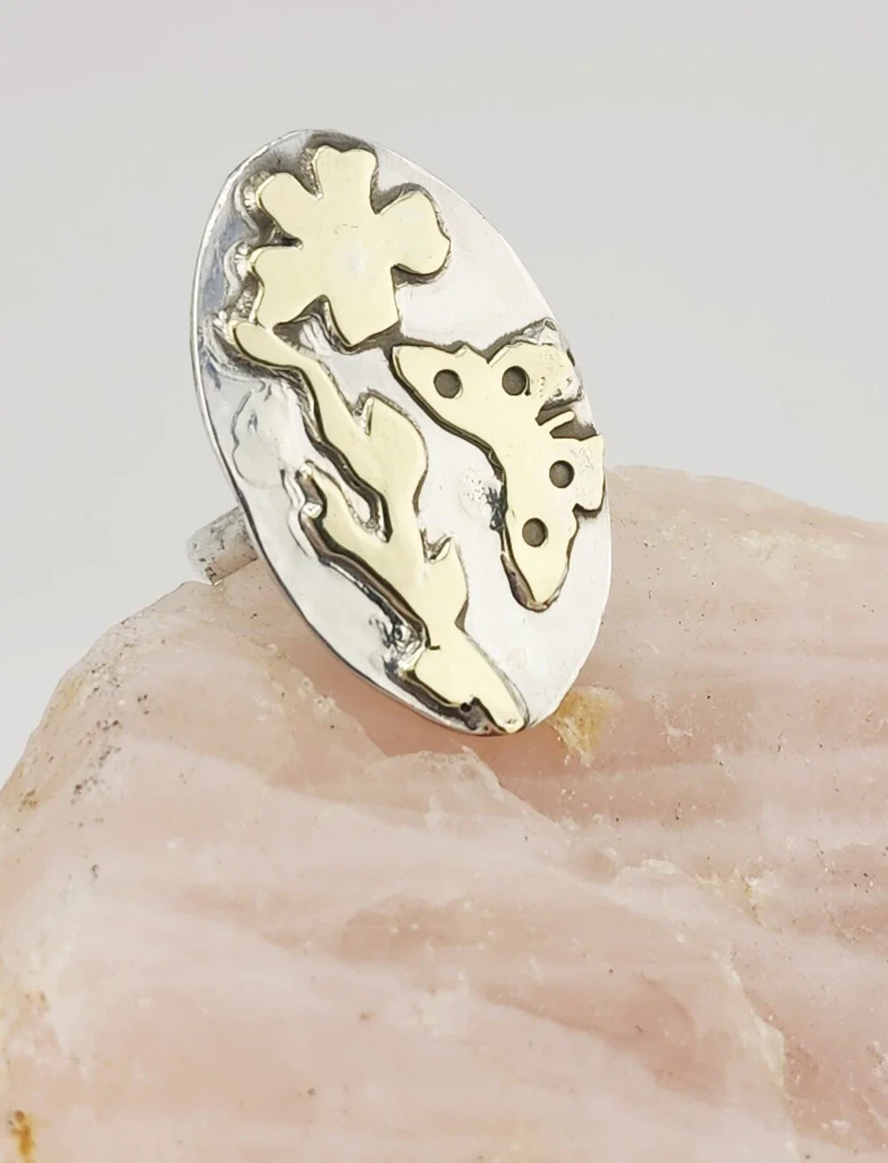 STERLING SILVER & BRASS BOTANICAL HANDMADE RING MIX METAL DESIGN SIZE 7